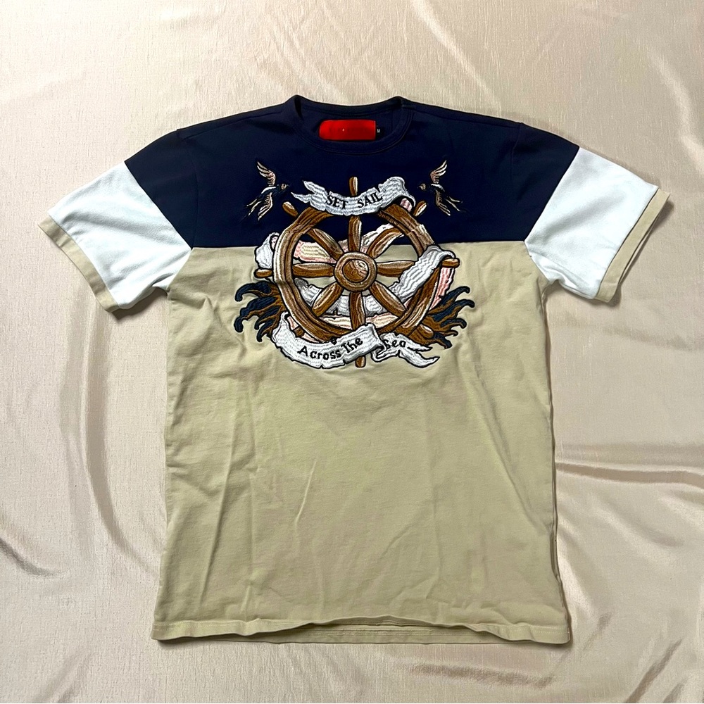 Vie Riche Paris Navy Tan Set Sail Shirt Size M Suede Short Sleeves Men's